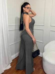 SHEIN SXY 休闲通勤无袖上衣和裤子套装，灰色两件套，裤子和上衣套装，商务休闲女装，女士教师装，可爱夏季上衣，女士机场装，女士性感装，两件套夏季装，俱乐部装，2000 年代风格 - 灰色 - 查看 2