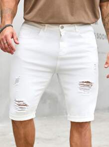 Manfinity Homme Men's Solid Color Ripped Pocket Casual Denim Shorts, Summer Men S Ripped Shorts Distressed Shorts Men - White - View 6