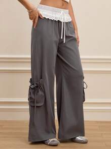 SHEIN MOD Pantalones elegantes con ribete de encaje en contraste gris - Gris - Ver 5