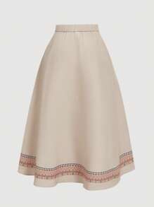 SHEIN MOD Plus Size 2 Pieces Set:Beige,Summer,1950s Vintage,Vacation,Holiday Collared Vest&Ruffle Hem Skirt,Waist-Hugging Top,Folk Printed A-Line Nomadic Suit - Khaki - View 8
