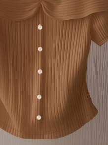 女式优雅荷叶边纽扣修身短袖T恤上衣