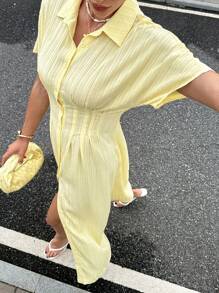 Siren Gaze Butter Yellow Summer Elegant Tea Party Dress For Women,Business Casual Button Front Shirt Dress,Lemon Mid-Length Vacation Birthday Midi Dress - Light Yellow - View 7