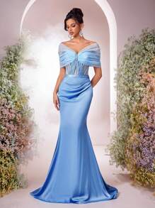 Glamrae Váy dạ hội trang trọng dành cho nữ, màu xanh nhạt trang trí thủ công bất đối xứng, nơ trễ vai, viền đuôi cá, đính đá Rhinestone - Màu xanh nhạt - Xem 6