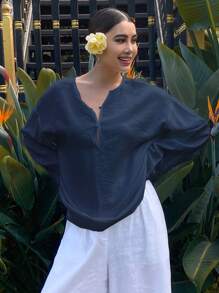 1pc Women's Solid Color Loose Fit Crew Neck Long Sleeve Blouse,Fall Clothes - Navy Blue - View 5
