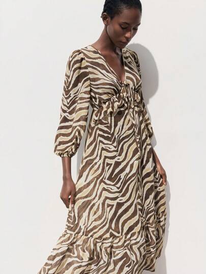 Maija Women's Multi-Color Ombre Zebra Print Loose Casual Summer Dress, V-Neck Flowy Chiffon Fabric, Ruffled Hem, Elegant & Romantic French Style Maxi Dress, Suitable For Cruise Wear And Western Style All-Match Summer Clothing For All Seasons, Modern Holiday Fashion Design, Comfortable Beach Beach Clothing, Bohemian Style, Isabi Island Holiday Wear, Summer Dopamine Holiday Wear, Ins Same Style Holiday Style, Exotic Atmosphere, Country Concert, Western Style Clothing Low-Key And Durable Basic Style, All-Match And Suitable For Everyone, Street Fashion Wear, Coffee Shop Wear, Relaxed Wear Beach Outfits For Woman Zebra Print Dress Zebra Dress Animal Print Dress Resort Wear Women Dresses,Autumn Outfits For Women, Christmas Women's Clothing