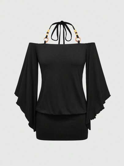 Hippie Vintage Loose Off-Shoulder Wood Beads Decor Batwing Sleeve Bodycon Mini Dress