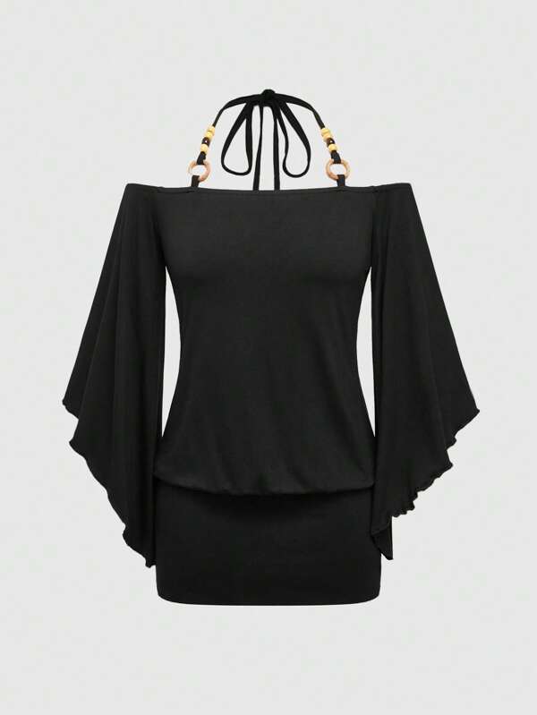 ROMWE Hippie Vintage Loose Off-Shoulder Wood Beads Decor Batwing Sleeve Bodycon Mini Dress