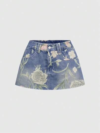 Y2K Vintage Distressed Rose Floral Print Low Waist Mini Bodycon Denim Skirt