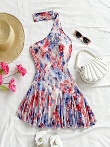 Soleia Vestido mini para vacaciones sexy con diseño asimétrico, cintura ceñida, estampado floral efecto tie-dye, espalda descubierta para mujer, estilo campestre romántico