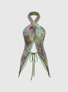 ROMWE Y2K Beach Babe Summer Vacation West Coast Floral Print Bohemian Hippie Style Beaded Fringe Halter Backless Tank Top For Women - Green - View 5