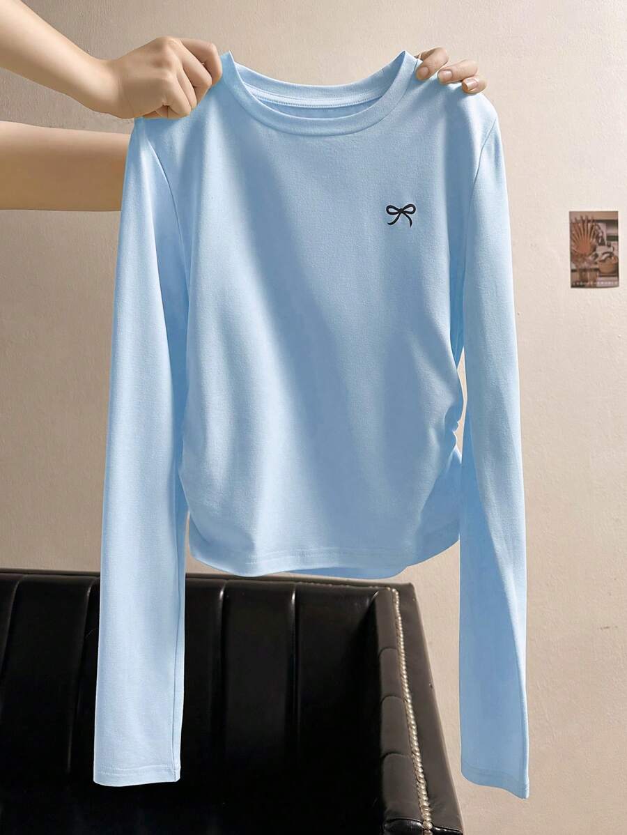 INAWLY 女士纯色圆领长袖T恤，简约时尚，适合夏季 - 藍色 - 查看 1