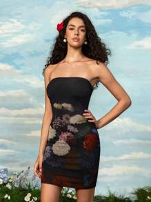SHEIN Touch of Art 女士花卉印花修身抹胸短裙，夏季 - 彩色 - 查看 6