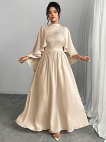 Elenzga 2025 Women Plus Size Elegant Party Dress With Waistband, Ruffle Sleeve, Front Pleat, Ruffle Shawl Collar, Solid Color, Back Zipper Closure - Khaki - View 2