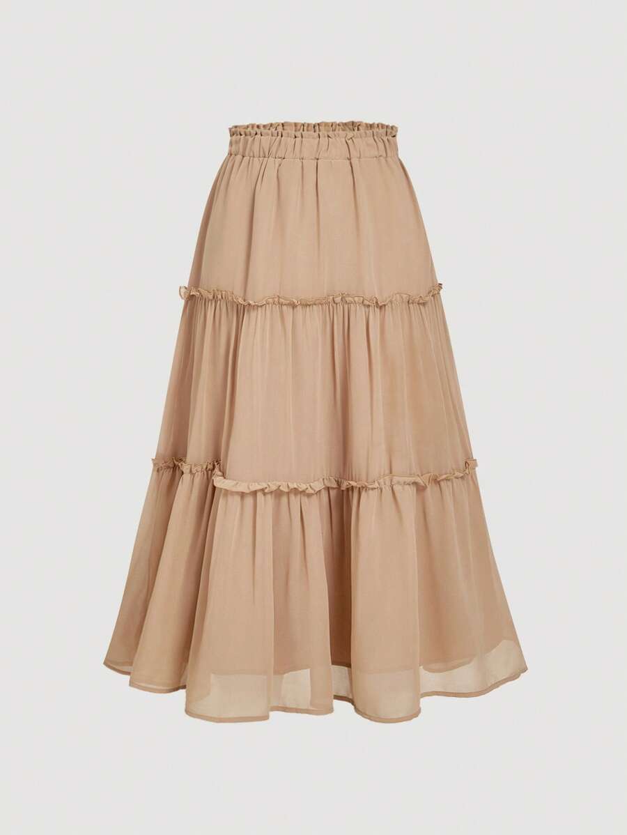 SHEIN MOD 荷叶边半身裙 波西米亚风长裙 打破纸袋腰部荷叶边装饰荷叶边下摆半身裙 - 駝色 - 查看 1