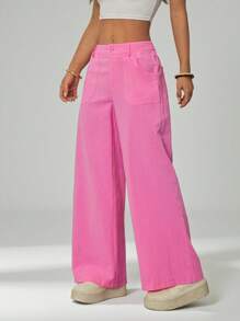 SHEIN PETITE Pantalones casuales y versátiles de unicolor, de pierna ancha y sueltos con bolsillos para mujer - Rosa Fucsia - Ver 4
