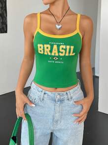 SHEIN EZwear Top de tirantes con vivo en contraste con gráfico de letra de Brasil en color verde