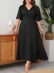 Modelyn Plus Size Maxi V-Neck Ruffled Sleeve Fitted Waist A-Line Elegant Romantic Dress, Spring/Summer - Black - View 1