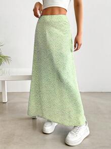 SHEIN EZwear 女士高腰长款碎花休闲裙，柠檬绿 - 青檸色 - 查看 4