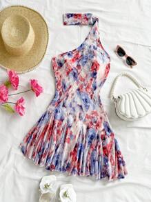 Soleia Vestido mini para vacaciones sexy con diseño asimétrico, cintura ceñida, estampado floral efecto tie-dye, espalda descubierta para mujer, estilo campestre romántico