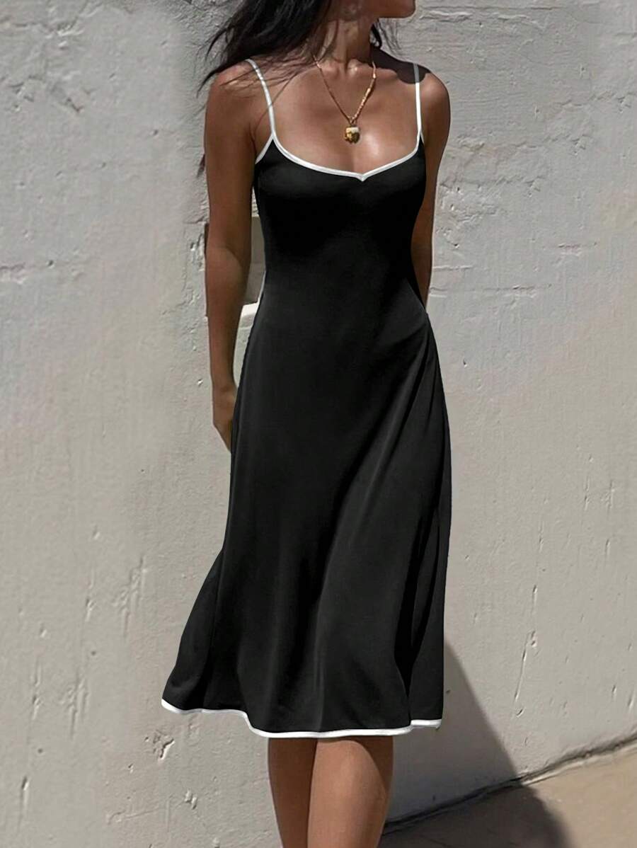 INAWLY Women's Casual Color Block Trim Sleeveless Midi Dress, Summer - Black - View 1