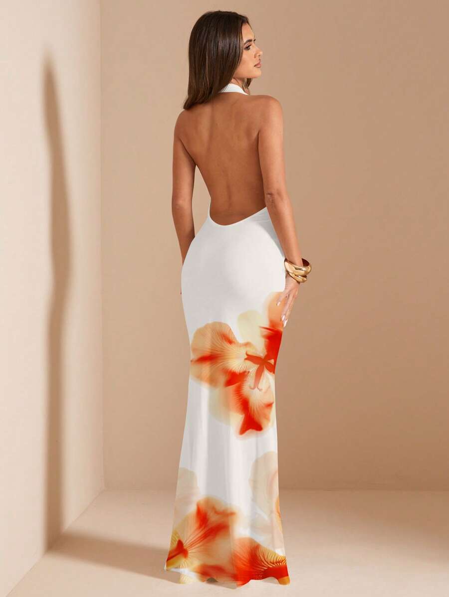 SHEIN BAE Vestido largo con estampado floral, cuello drapeado y ajuste ceñido para mujer, uso casual de verano - Multicolor - Ver 1