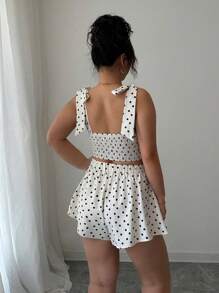 INAWLY Ensemble 2 pièces nouvelle collection été, Top court à volants à imprimé pois élégant à nœud papillon, plus pantalon ample à taille élastique pour femmes grande taille
