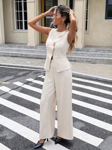 Siren Gaze 女士金属纽扣背心和裤子套装 - 杏色 - 查看 4