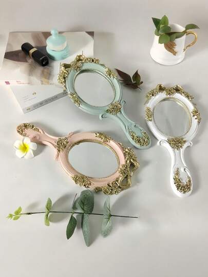 Fairycore 1 pieza Espejo de mano de princesa barroca inspirado en lo vintage, espejo de maquillaje portátil con mango elegante, elemento esencial para salón de belleza, regalo perfecto para niñas y mujeres, decoración del hogar, accesorios de disfraz, props de estilo lolita