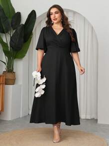 Modelyn Plus Size Maxi V-Neck Ruffled Sleeve Fitted Waist A-Line Elegant Romantic Dress, Spring/Summer - Black - View 5
