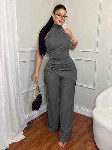 SHEIN SXY 休闲通勤无袖上衣和裤子套装，灰色两件套，裤子和上衣套装，商务休闲女装，女士教师装，可爱夏季上衣，女士机场装，女士性感装，两件套夏季装，俱乐部装，2000 年代风格 - 灰色 - 查看 6