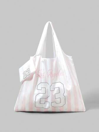 Kawaii Bolsa plegable con capacidad grande y bolsillo con cremallera, diseño minimalista gráfico numérico en rosa y blanco, bolsa de compras portátil 1398266