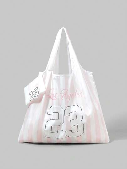 Kawaii Large Capacity Foldable Tote Bag With Zipper Pouch, Minimalist Pink & White Numeral Graphic Design, Portable Shopping Bag 1398266