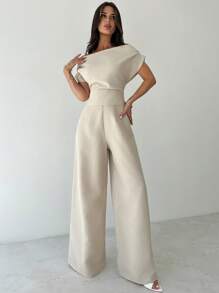 SHEIN PETITE CURVE 大码女装夏季新款优雅休闲亚麻宽松露肩上衣和阔腿裤套装 - 杏色 - 查看 4