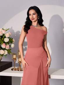 Modelyn Elegant Romantic Asymmetrical Shoulder Pleat Patchwork Dress For Women, Spring/Summer - Dusty Pink - View 7