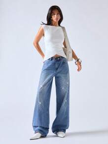 LYSMO Women's Casual Fashion Jeans With Rhinestone Decor Pockets - Blue - View 5