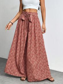 SHEIN PETITE Pantalones de pierna ancha para vacaciones con bolsillos y lazo frontal con estampado floral menudo para mujer