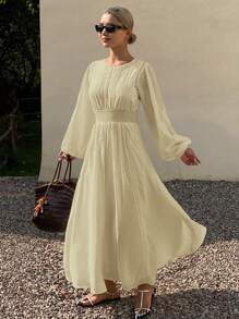 Livesso Long Sleeve Solid Color Waist Splice Lace Trim Casual Elegant Fall Maxi Dress For Women - Yellow - View 1