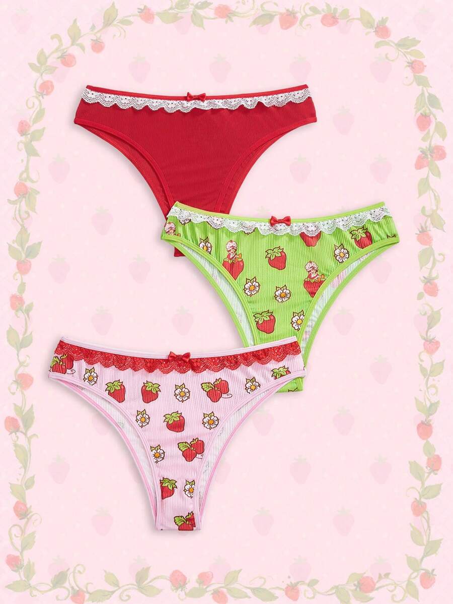 Strawberry Shortcake | ROMWE Cute Strawberry Pattern Knitted Jacquard & Contrast Lace Ladies 3pcs Underwear Set - Multicolor - View 1