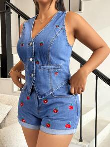 SHEIN ICON Plus Size Women's Summer Vintage Versatile V-Neck Denim Vest - Light Wash - View 4