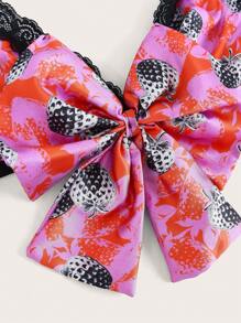 Notgurli 2 件俏皮夸张 Y2K 可爱浪漫缎面文胸和丁字裤套装，带大蝴蝶结、花卉蕾丝、草莓印花、女士柔和哥特风、粉色和黑色，适合音乐节和派对外出上衣 - 粉色 - 查看 7