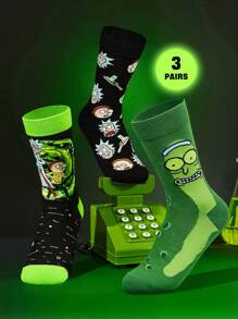 Rick and Morty X SHEIN 3 paia di calze da donna morbide e traspiranti, che assorbono l'umidità, con punta e tallone rinforzati per maggiore durata, adatte per tutte le stagioni, nei colori nero e verde, unisex - Multicolore - Visualizzare 3