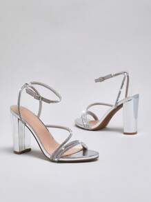 SHUZIA Women's Rhinestoned Cross Straps Ankle Strap Block Heel Sandals - Silver - View 5