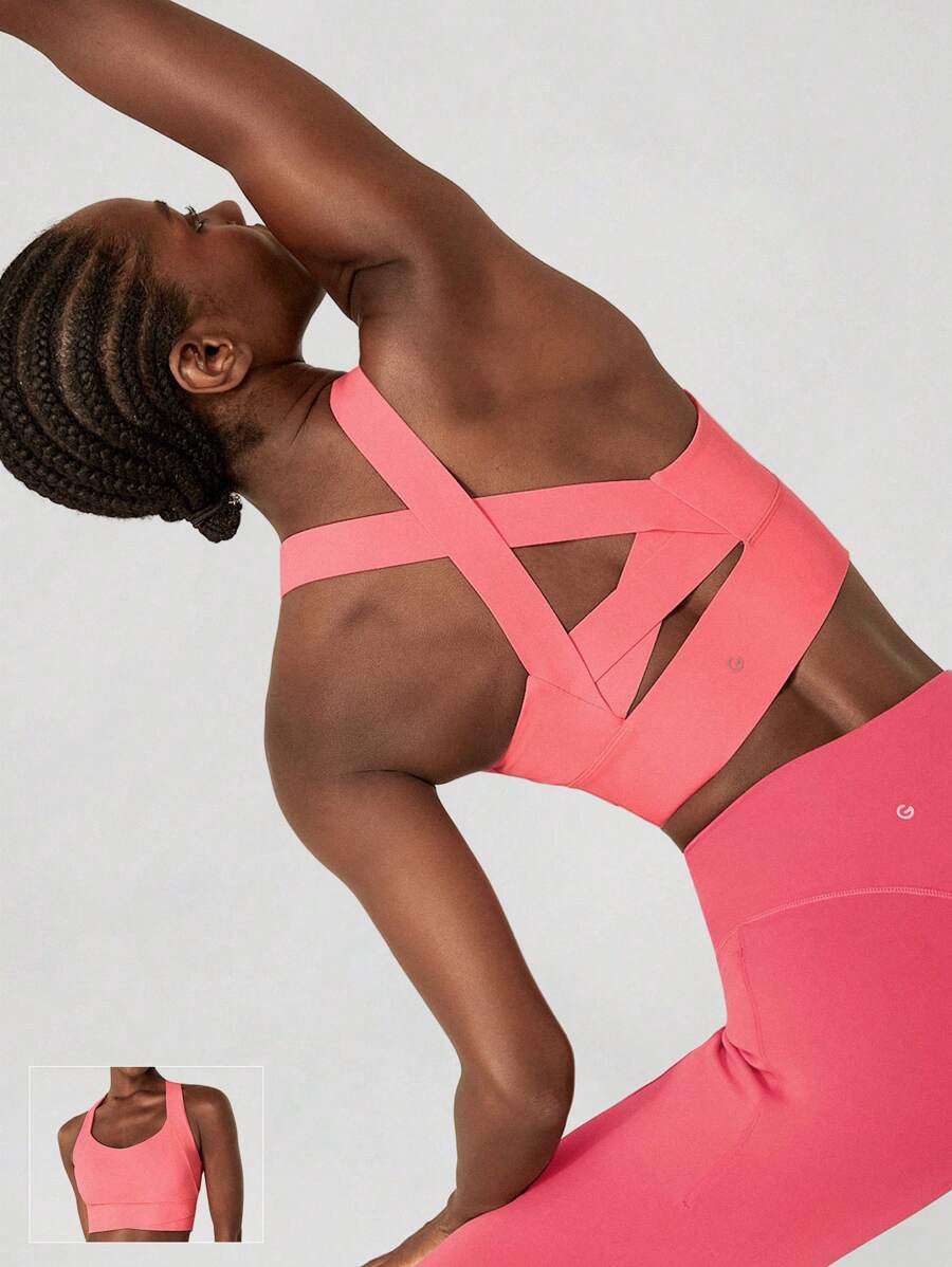 GLOWMODE FeatherFit™-Sculpt Full Coverage Side Support Wide Strap Crossover Sports Bra Light Support Low Impact Yoga Pilates Daily - Coral Pink - View 1