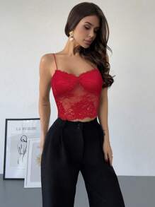 Firerie Top tipo camiseta de lencería transparente de encaje, elegante y sexy, para el Día de San Valentín y la boda, primavera/verano