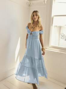 Aralina Rochie maxi de vară pentru femei, cu mâneci bufante și tiv în straturi, stil boho, cu detaliu la spate - Dusty Blue - Vizualizare 14