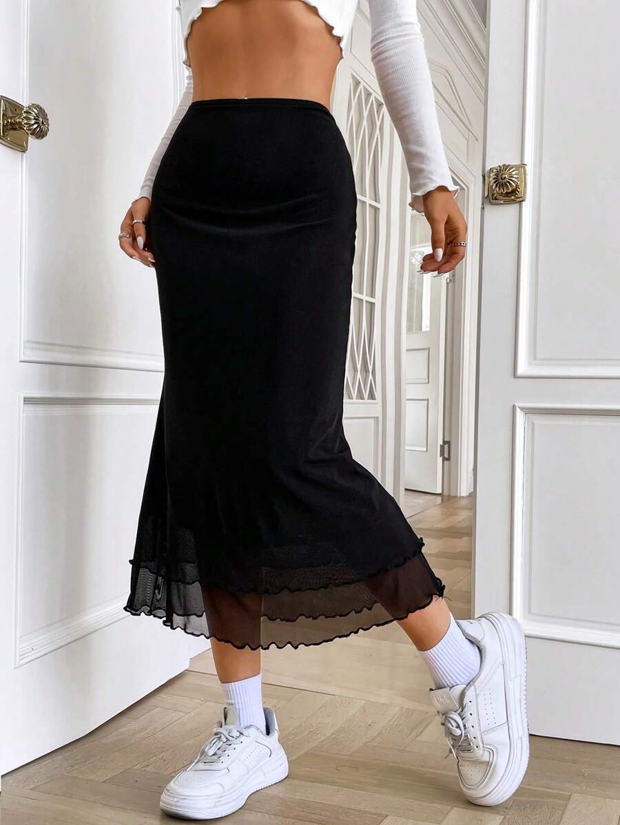 SHEIN EZwear High Waist Mermaid Hem Skirt - Black - View 1
