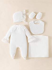 SHEIN 新生女婴柔软棉质服装套装，夏季薄款优质服装礼盒，含帽子、袜子、围兜、毛毯、5 件套装、场合服装 - 白色 - 查看 2
