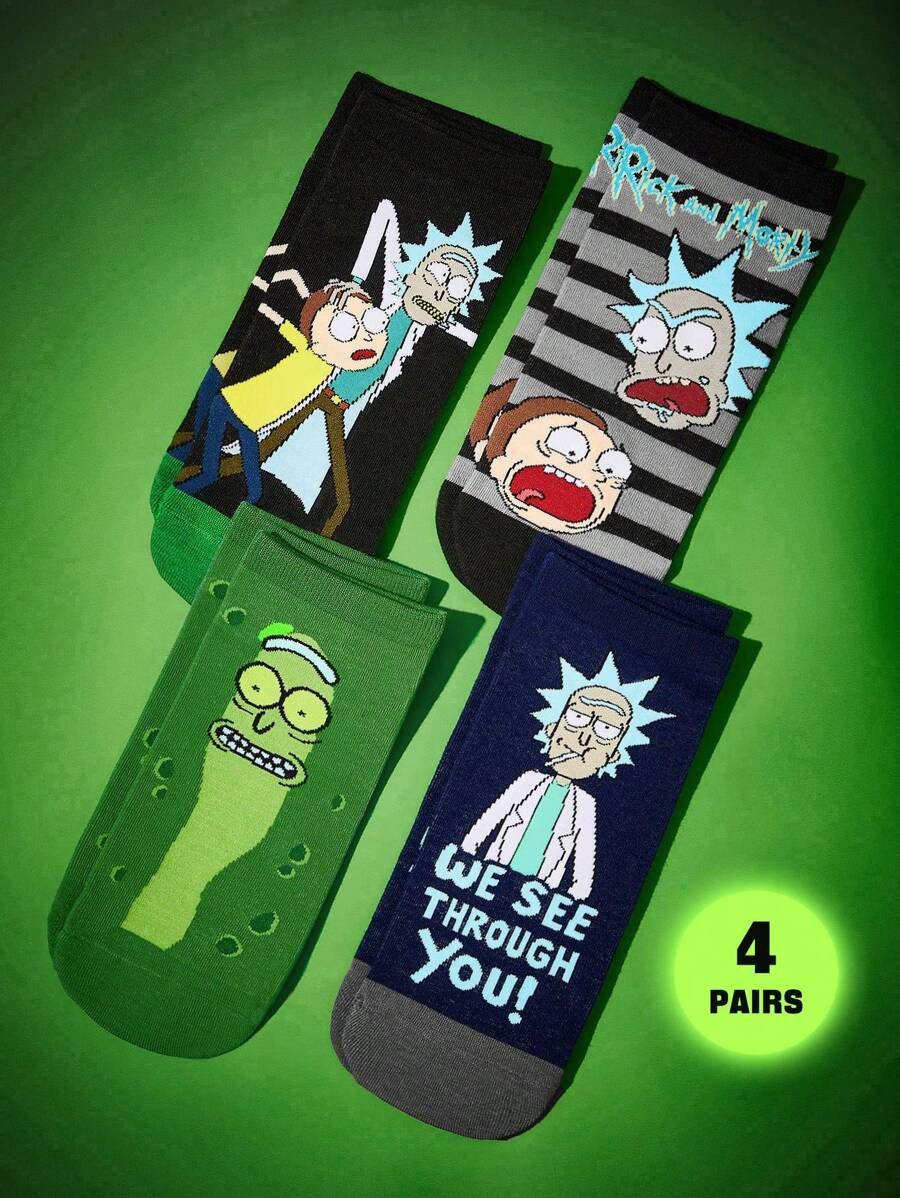 Rick and Morty X SHEIN 4 paia di calzini alla caviglia morbidi, traspiranti, che assorbono l'umidità, per uomo, con punta e tallone rinforzati, durevoli per tutte le stagioni, colori nero e verde, unisex - Multicolore - Visualizzare 1