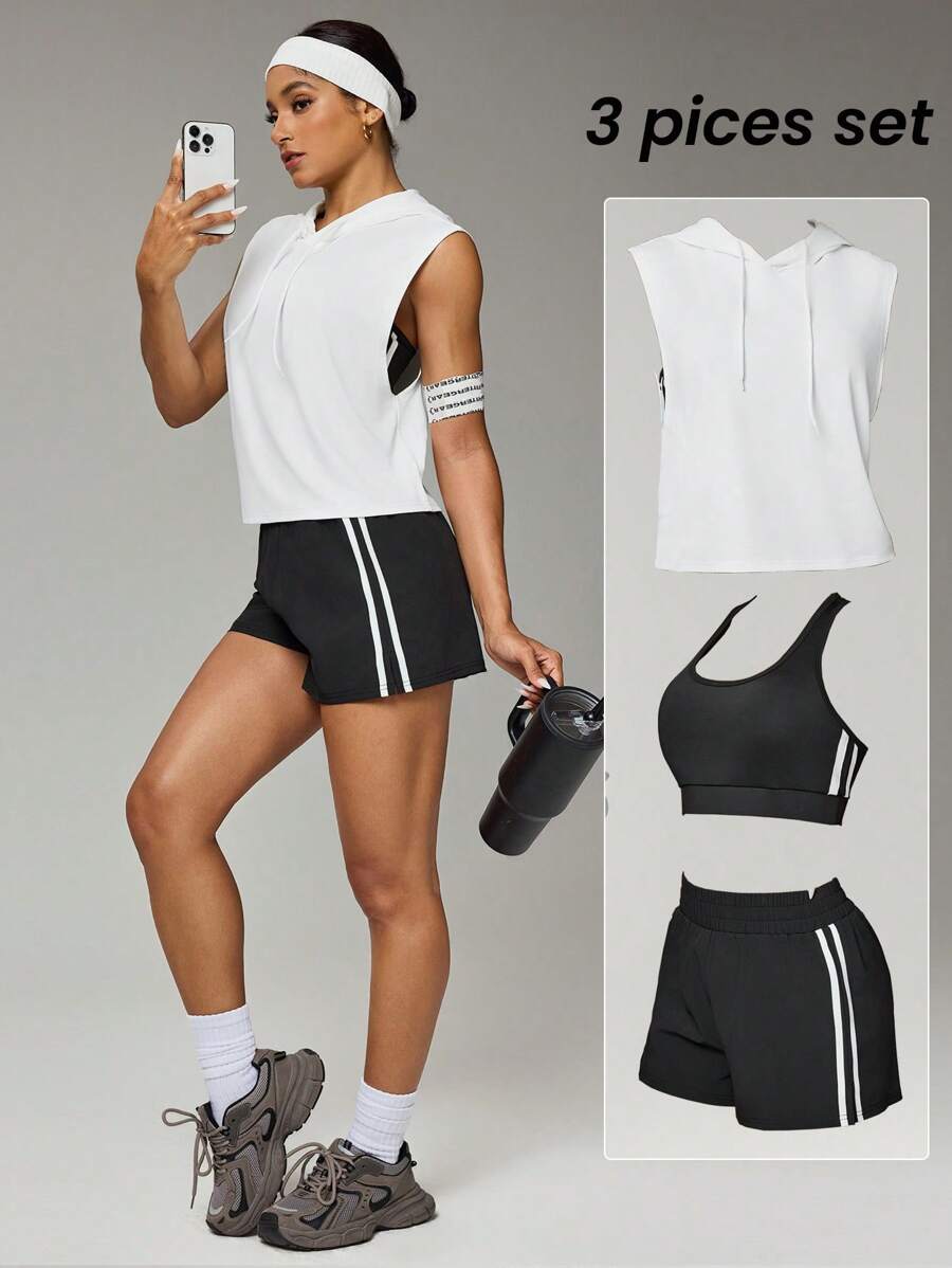 Easithlete 3 件套女士休闲百搭瑜伽连帽背心、短款背心和短裤运动套装 - 彩色 - 查看 1