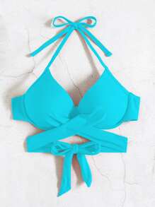 SHEIN Swim 2025 纯色交叉吊带聚拢比基尼上衣（带钢圈） - 淺藍色 - 查看 3